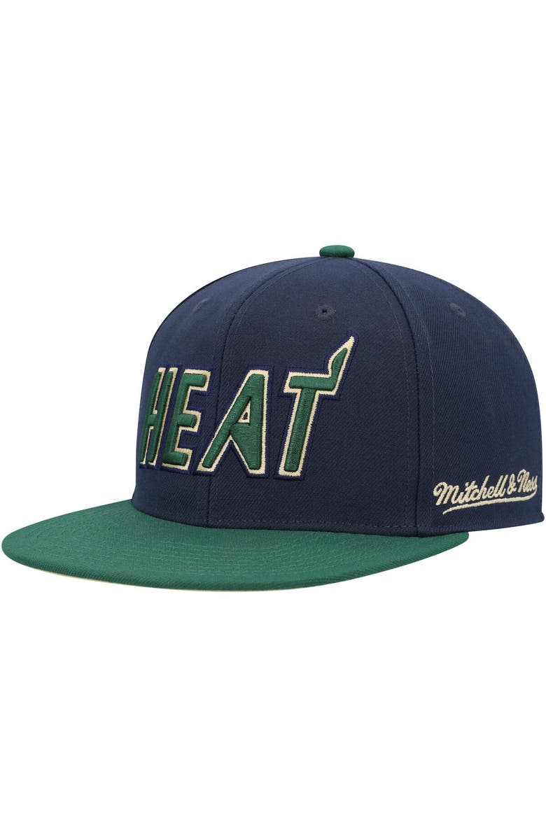 Mitchell & Ness Men's Mitchell & Ness Navy/Green Miami Heat 15th Anniversary Hardwood Classics Grassland Fitted Hat, Alternate, color, 