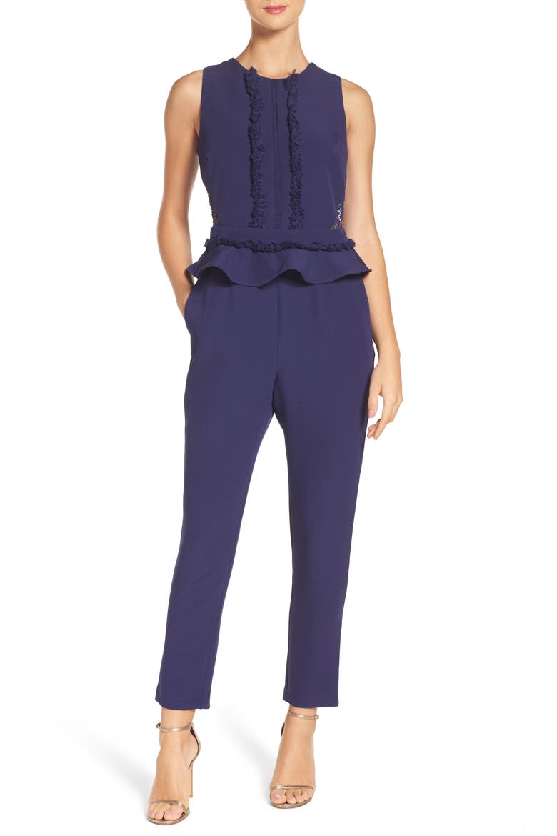 Ruffle Peplum Jumpsuit, Main, color, NAVY