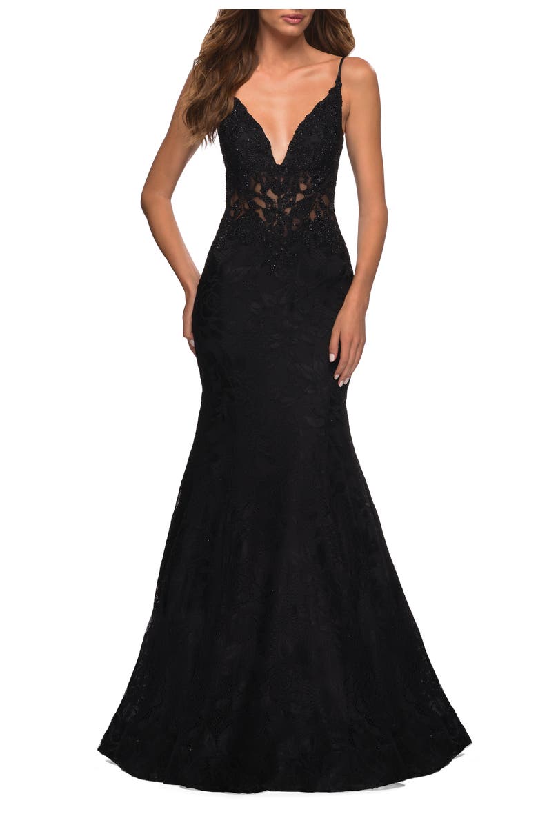 La Femme Mermaid Lace Prom Dress with Sheer Jeweled Bodice, Main, color, Black