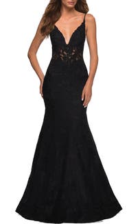 La Femme Mermaid Lace Prom Dress with Sheer Jeweled Bodice
