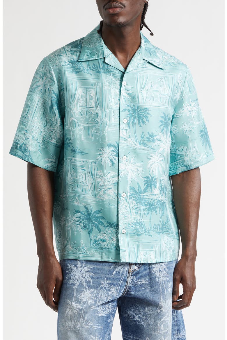 Chateau Sketch Silk Camp Shirt, Main, color, CERAMIC TEAL
