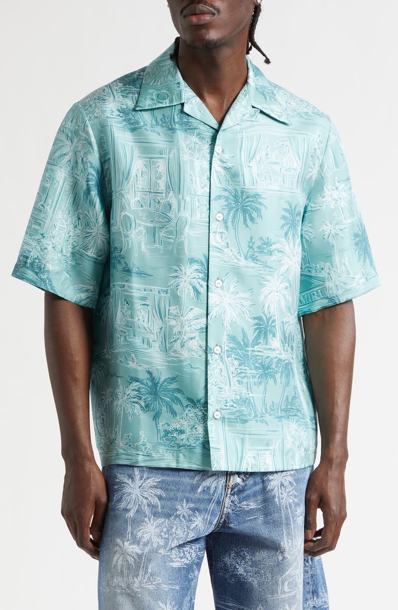 AMIRI Chateau Sketch Silk Camp Shirt, Main, color, Ceramic Teal