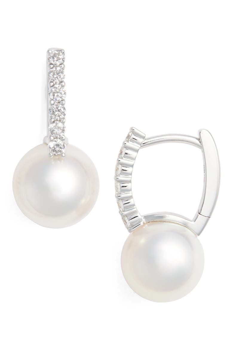 Diamond & Akoya Cultured Pearl Earrings, Main, color, WHITE GOLD