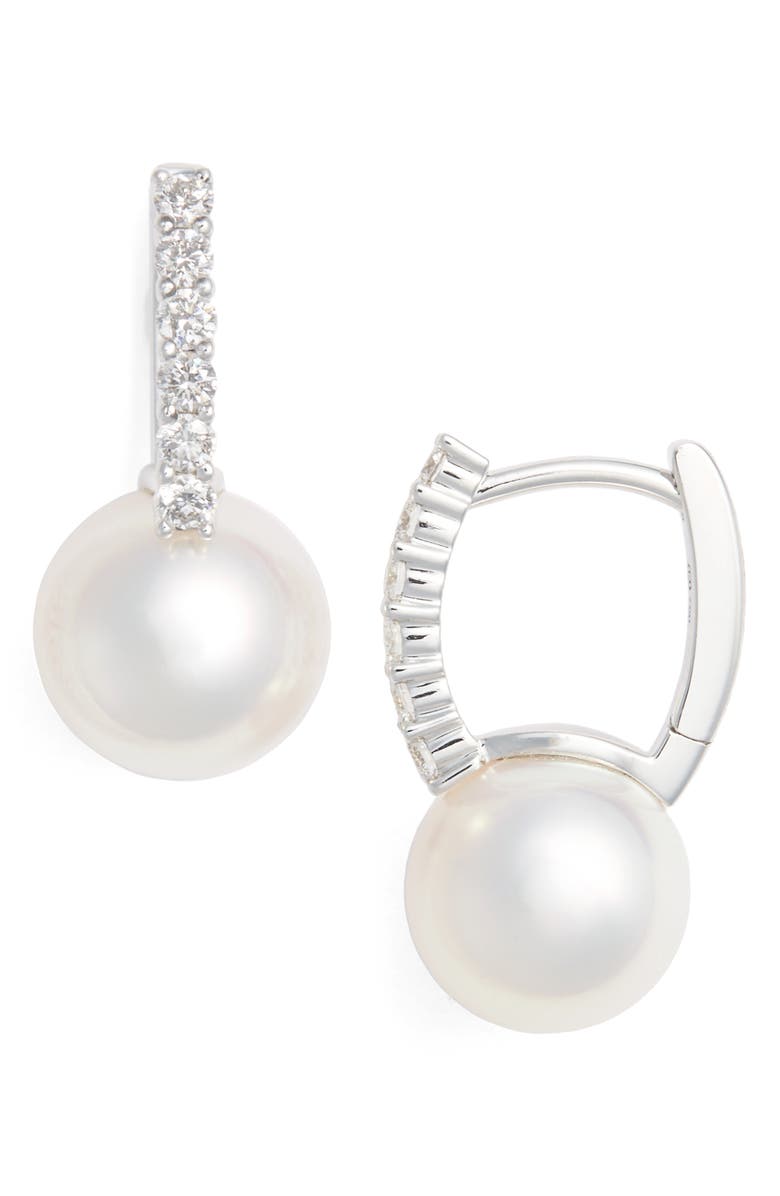 Mikimoto Diamond & Akoya Cultured Pearl Earrings, Main, color, White Gold