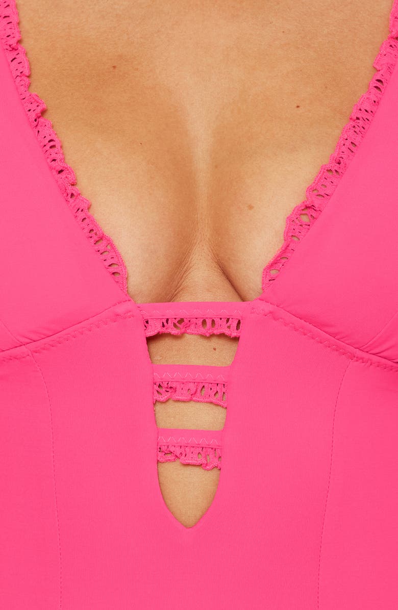 Becca Frills Plunge One-Piece Swimsuit, Alternate, color, Punch