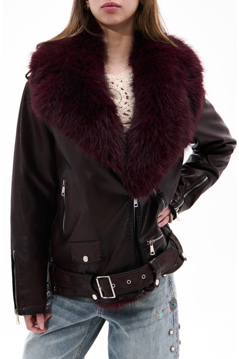 Aurelia Faux Leather Moto Jacket with Removable Faux Fur Collar, Main, color, BURGUNDY