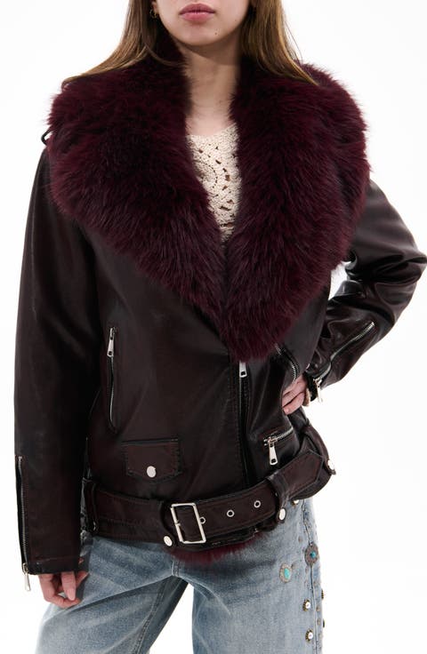 Aurelia Faux Leather Moto Jacket with Removable Faux Fur Collar