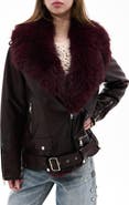 AZALEA WANG Aurelia Faux Leather Moto Jacket with Removable Faux Fur Collar