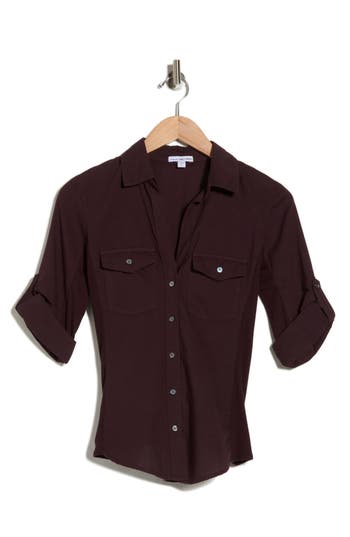 James Perse Three-quarter Sleeve Button-up Shirt In Brown