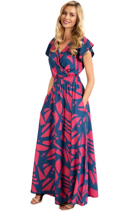 Abstract Print Chiffon Faux Wrap Maxi Dress