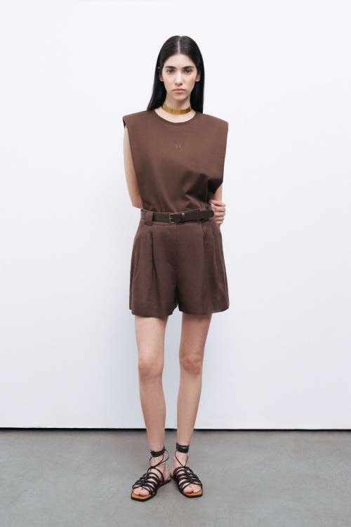 Nocturne Belted Linen Mini Shorts In Dark Brown