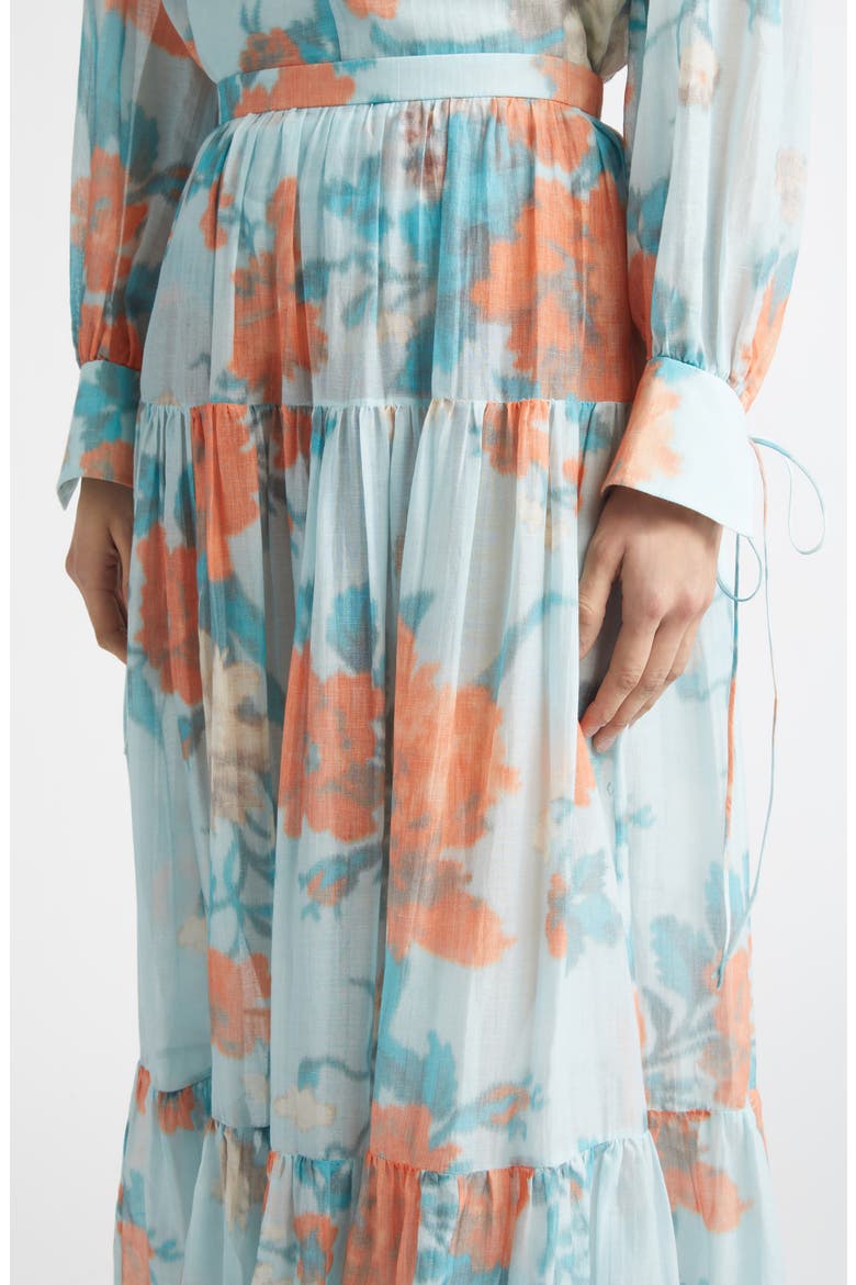 Floral Print Tiered Cotton & Silk Voile Midi Skirt, Alternate, color, TRAILING POPPY DREAM BLUE