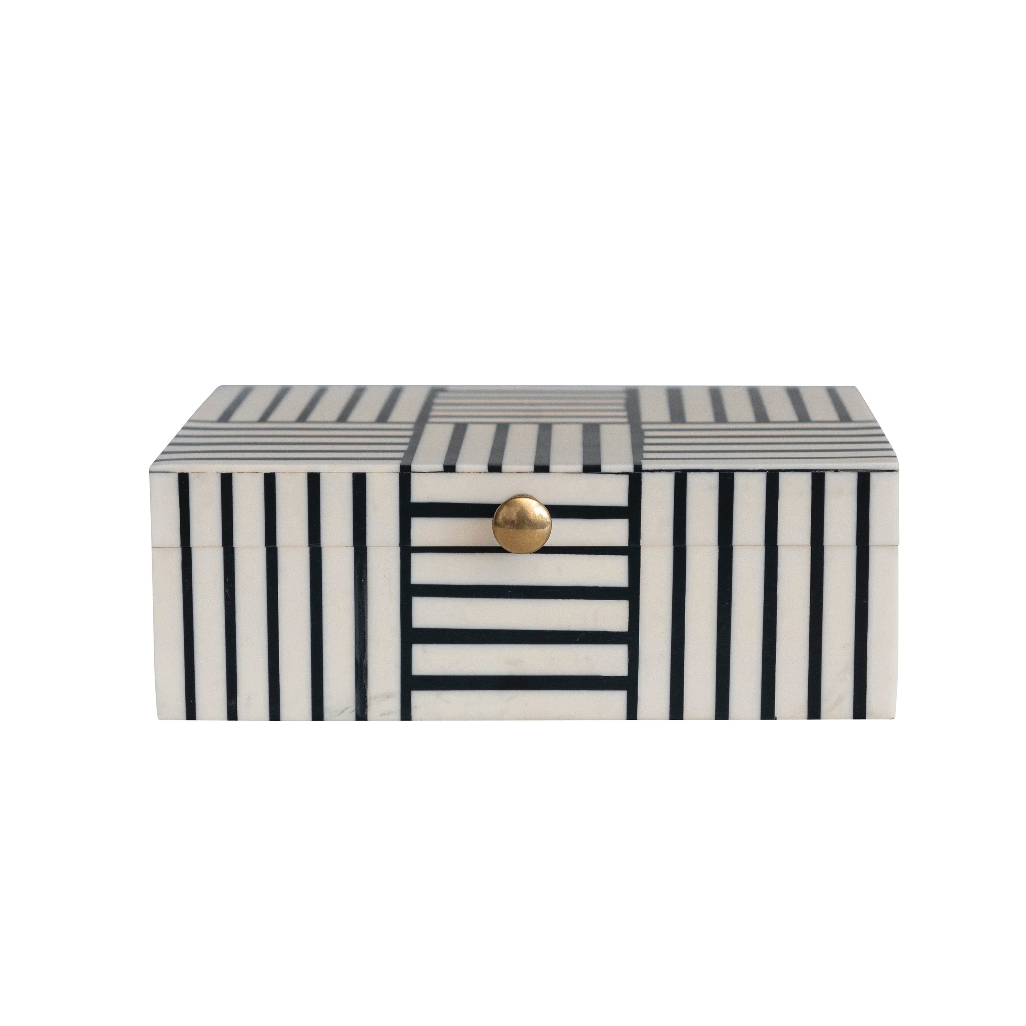 Storied Home Plastic Storage Box with Striped Block Pattern and Gold Knob, Black and White - Black
