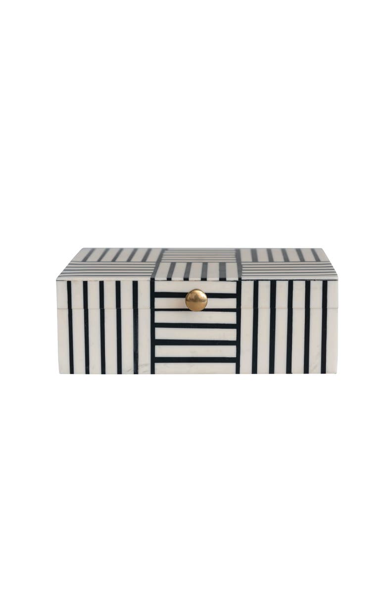 Storied Home Plastic Storage Box with Striped Block Pattern and Gold Knob, Black and White, Main, color, Black