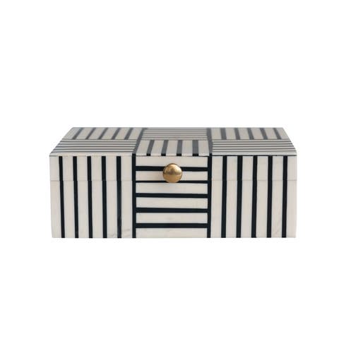 Plastic Storage Box with Striped Block Pattern and Gold Knob, Black and White
