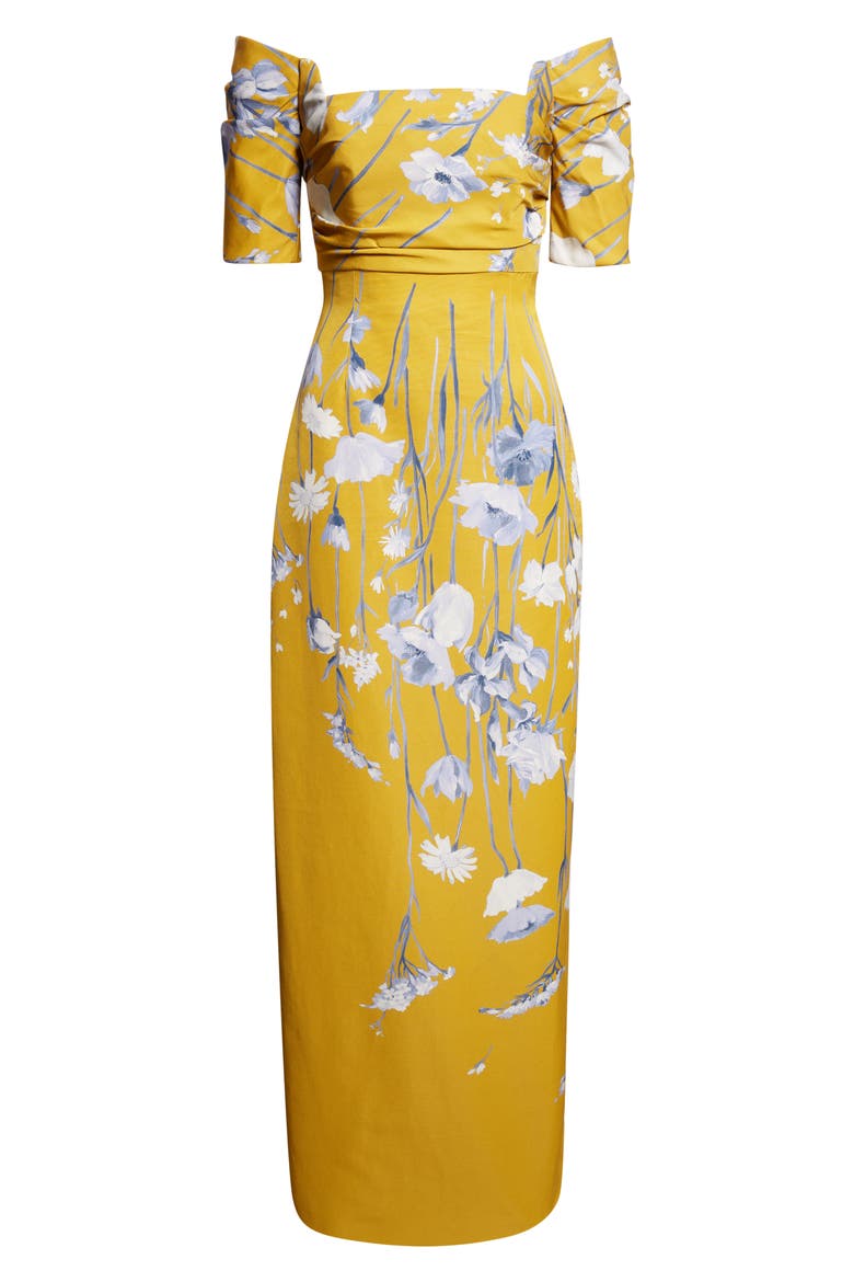 Floral Faille Off the Shoulder Gown, Alternate, color, OCHRE MULTI