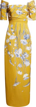 Lela Rose Floral Faille Off the Shoulder Gown