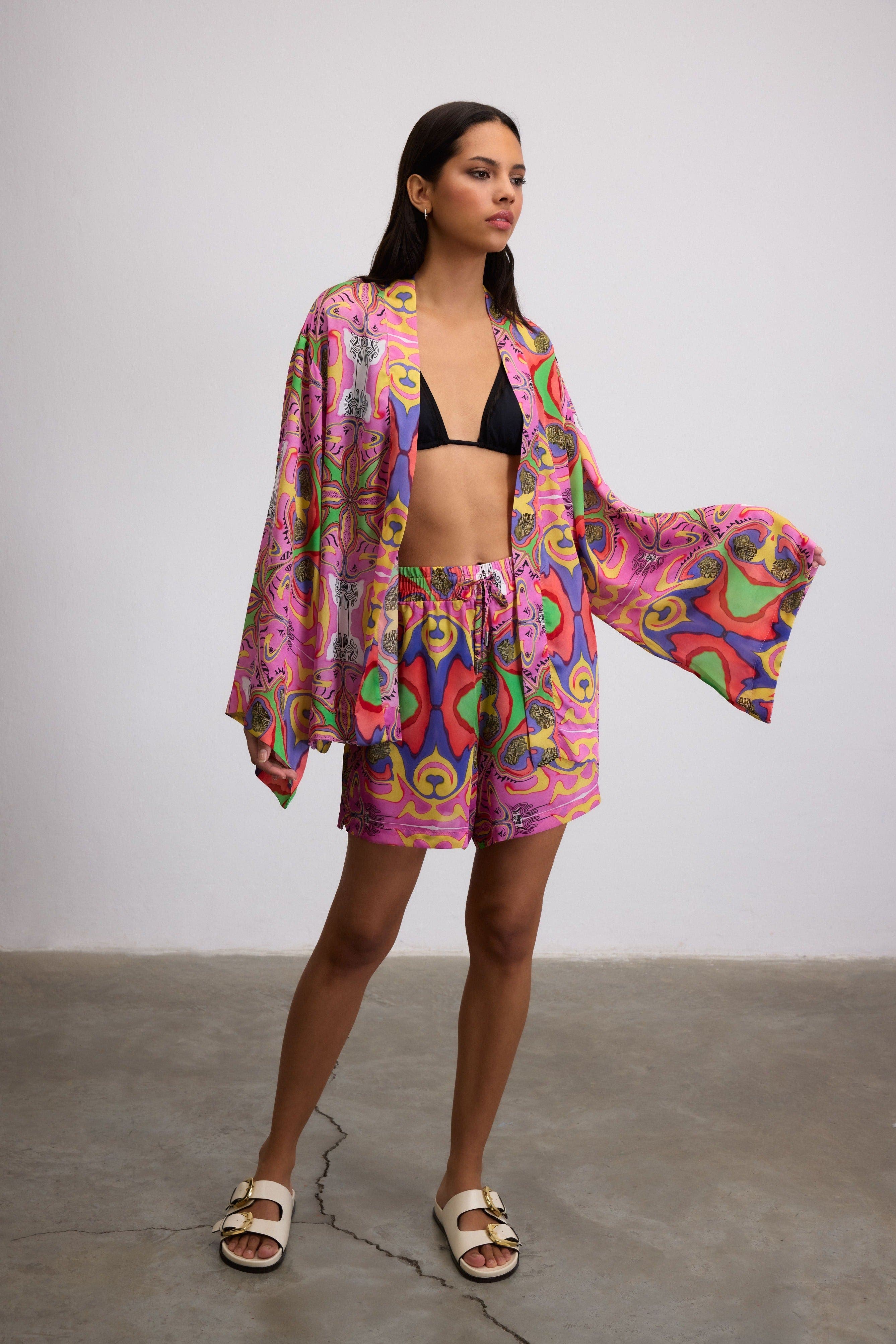 Psychedelic Printed Blushwave Drawstring Shorts