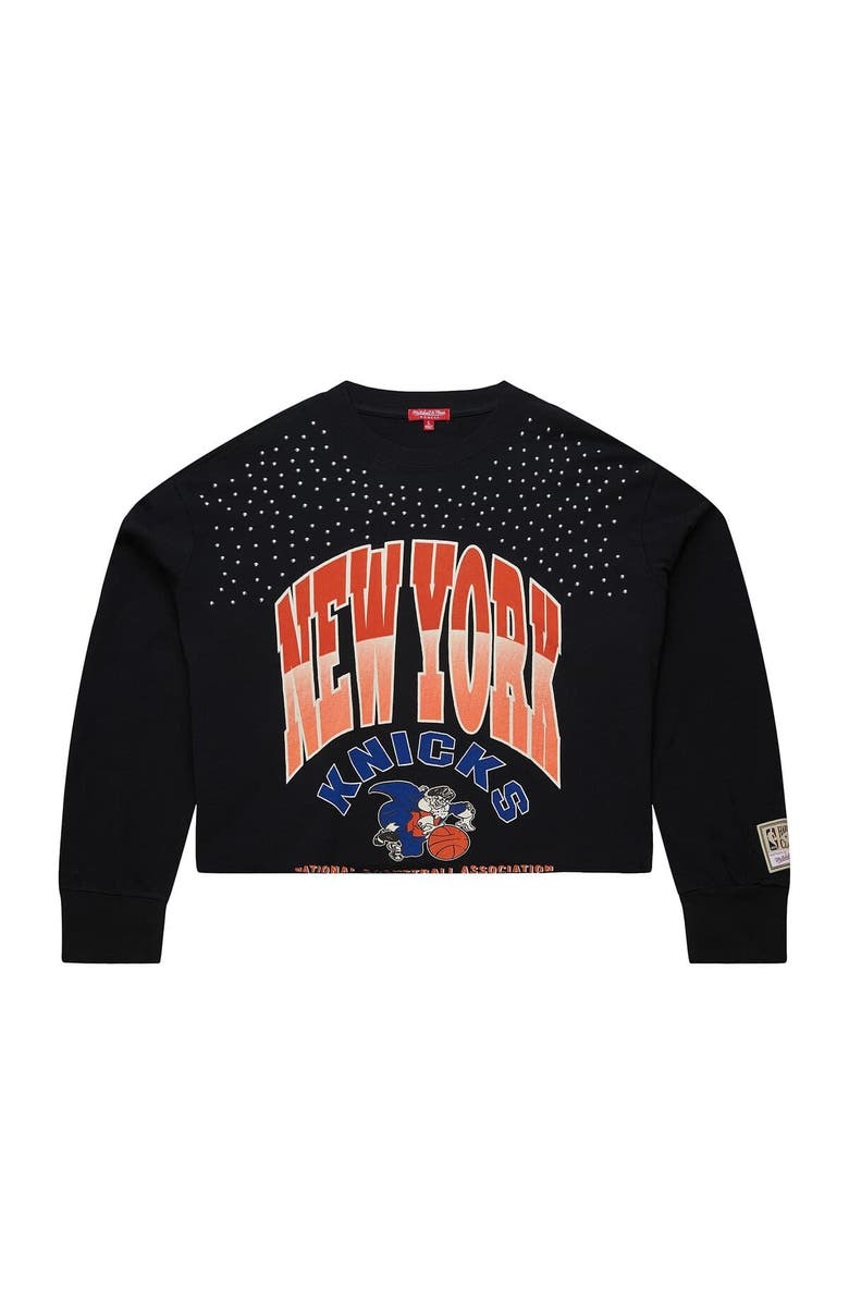Mitchell & Ness Women's Mitchell & Ness  Black New York Knicks Hardwood Classics Studded Boxy Cropped Long Sleeve T-Shirt, Alternate, color, Black