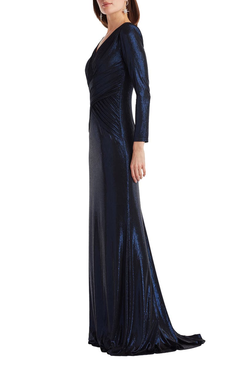 Tadashi Shoji Metallic Surplice V-Neck Long Sleeve Gown, Alternate, color, Royal Navy