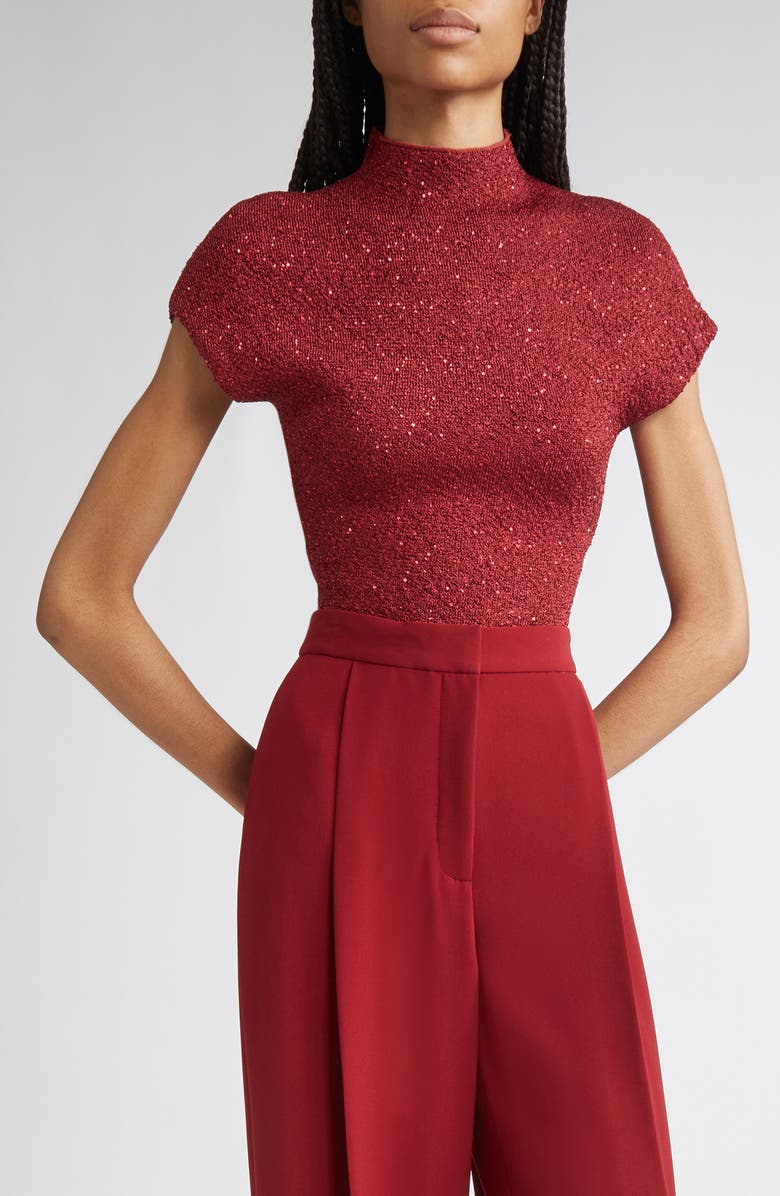 Lela Rose Sequin Knit Short Sleeve Mock Neck Top, Main, color, Wine