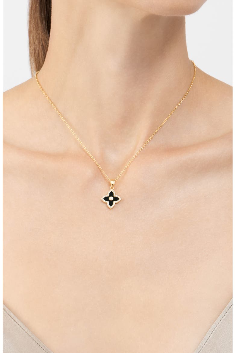 Black Inlay Cubic Zirconia Clover Pendant Necklace & Drop Earrings Set, Alternate, color, BLACK/ GOLD
