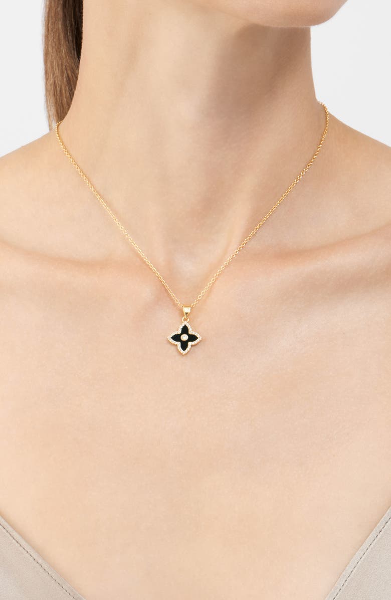 Adornia Black Inlay Cubic Zirconia Clover Pendant Necklace & Drop Earrings Set, Alternate, color, Black/ Gold