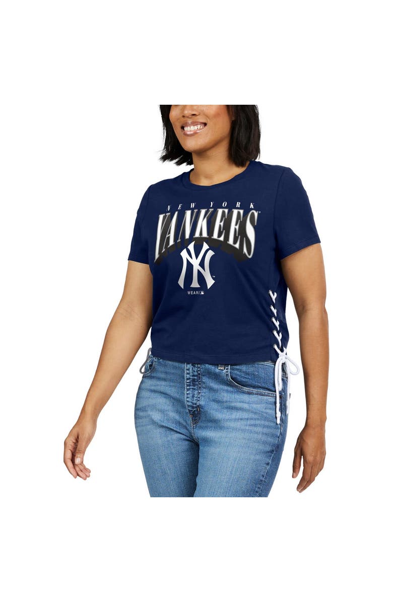 WEAR by Erin Andrews Women's WEAR by Erin Andrews Navy New York Yankees Side Lace-Up Cropped T-Shirt, Alternate, color, 