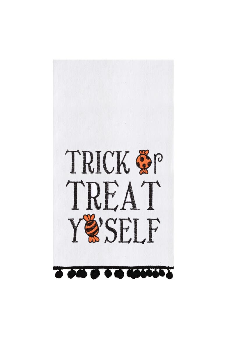 Treat Yo'self Halloween Embroidered Cotton Flour Sack Kitchen Towel With Pom Poms Decor Decoration Decor, Main, color, White