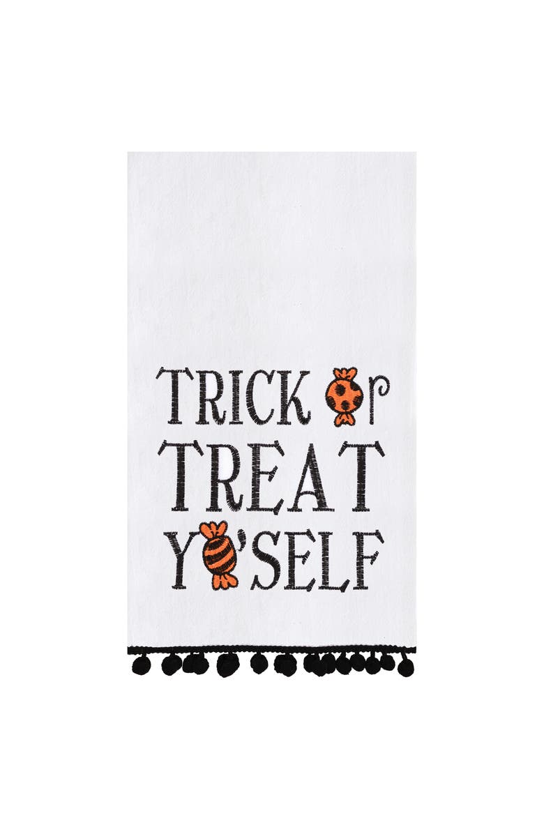 C&F Home Treat Yo'self Halloween Embroidered Cotton Flour Sack Kitchen Towel With Pom Poms Decor Decoration Decor, Main, color, White