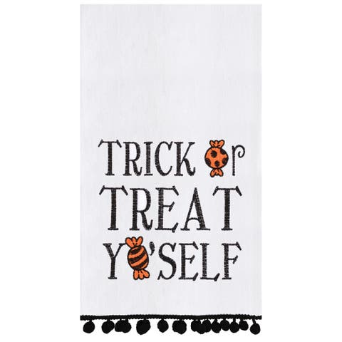 Treat Yo'self Halloween Embroidered Cotton Flour Sack Kitchen Towel With Pom Poms Decor Decoration Decor