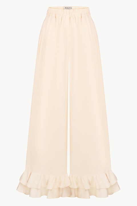 Wide-Leg Ruffle-Hem Trousers