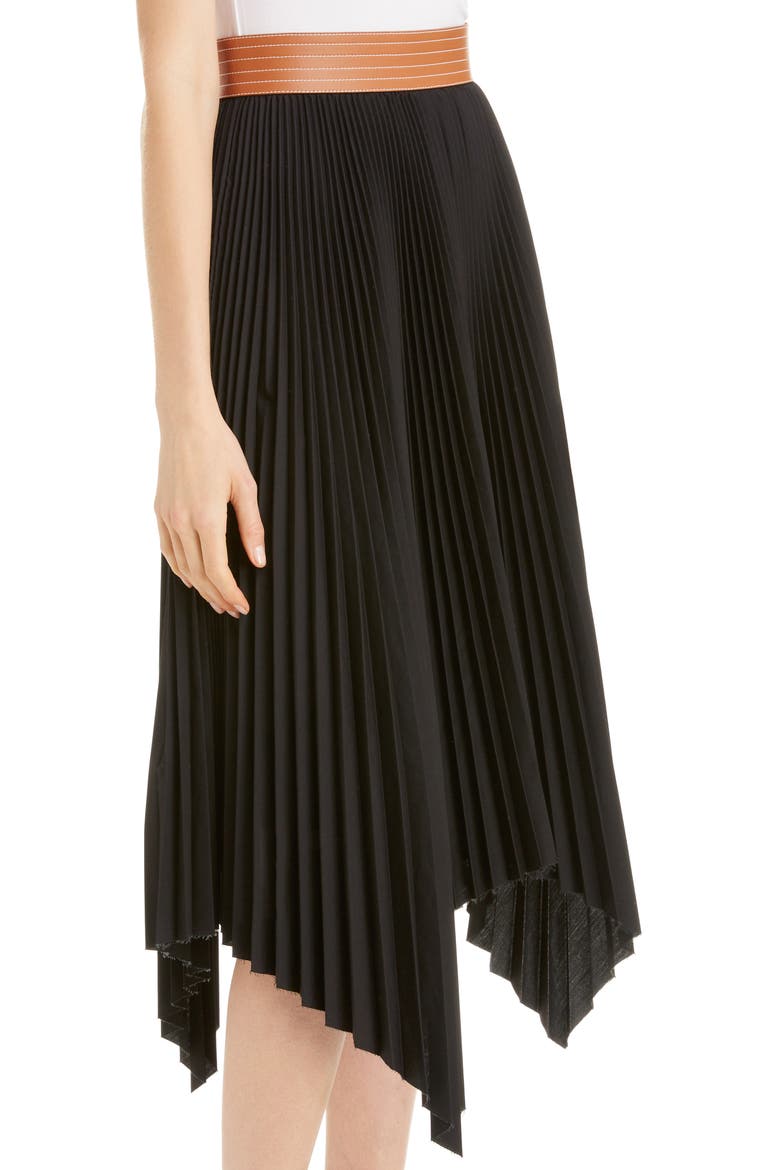 Leather Band Asymmetrical Pleated Midi Skirt, Alternate, color, BLACK/ TAN