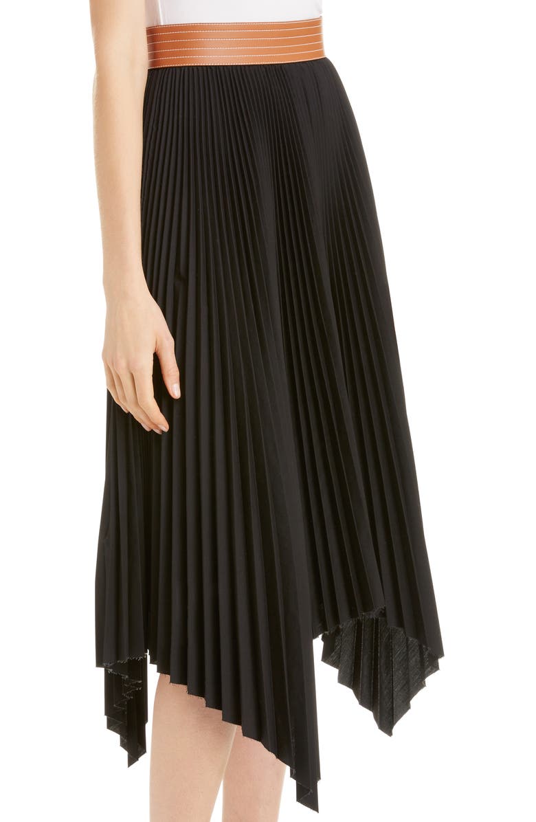 Loewe Leather Band Asymmetrical Pleated Midi Skirt, Alternate, color,