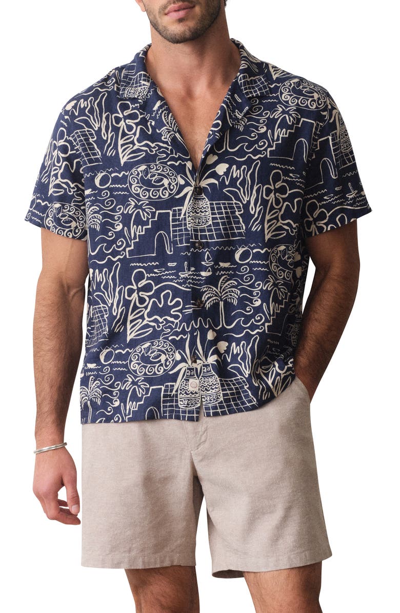 Marine Layer Island Motif Linen Blend Camp Shirt, Main, color, Navy/ White Island Motif