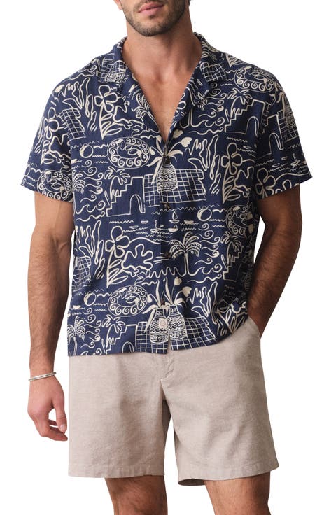 Island Motif Linen Blend Camp Shirt