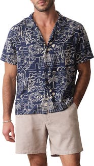 Marine Layer Island Motif Linen Blend Camp Shirt