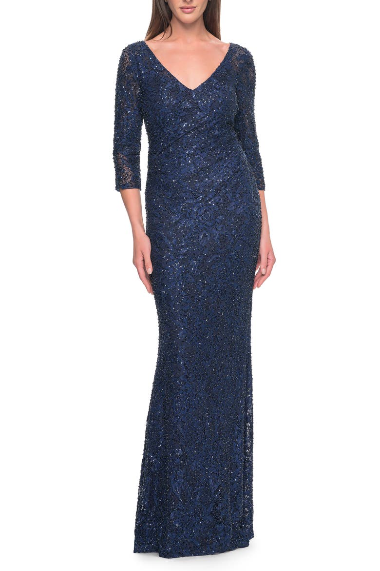 Fitted Beaded Lace Evening Gown with Ruching, Alternate, color, Navy