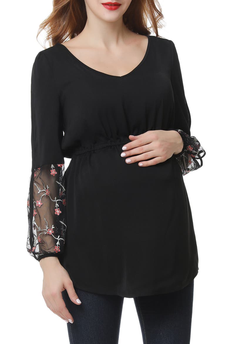 Gisel Embroidered Maternity Top, Main, color, BLACK