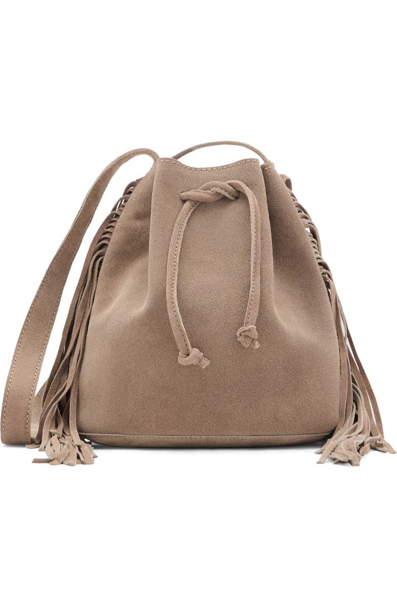 MANGO TEEN Fringed Suede Bucket Bag, Main, color, Sand