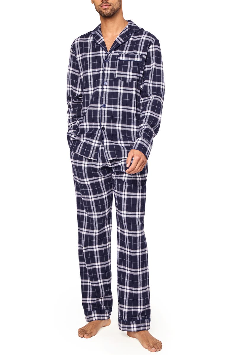 Petite Plume Plaid Cotton Flannel Pajamas, Main, color, Navy