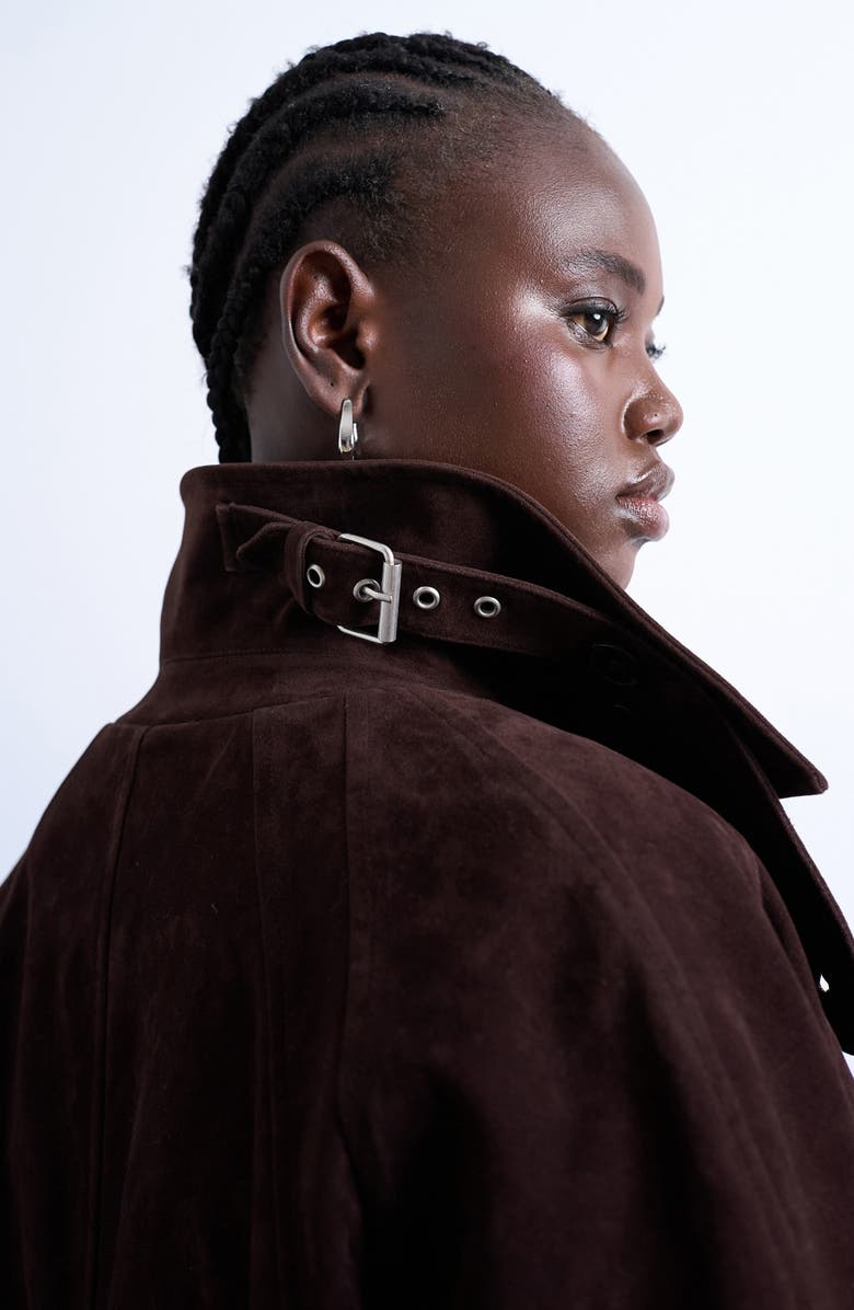 Topshop Long Faux Suede Car Coat, Alternate, color, Brown