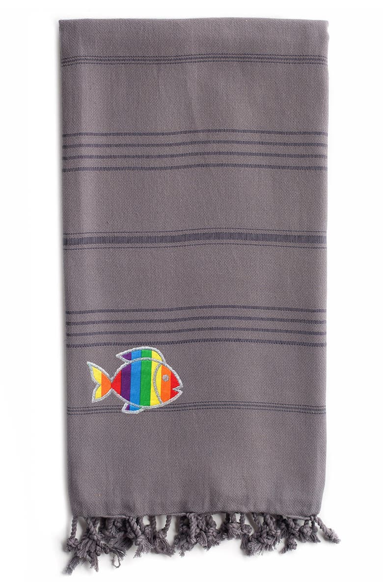 Linum Home Textiles 100% Turkish Cotton Summer Fun Sparkling Rainbow Fish Pestemal Beach Towel - Grey, Main, color, Grey