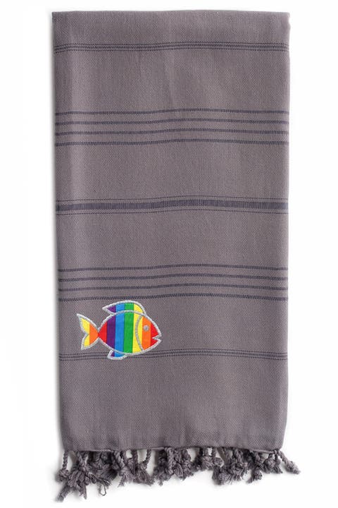 100% Turkish Cotton Summer Fun Sparkling Rainbow Fish Pestemal Beach Towel - Grey