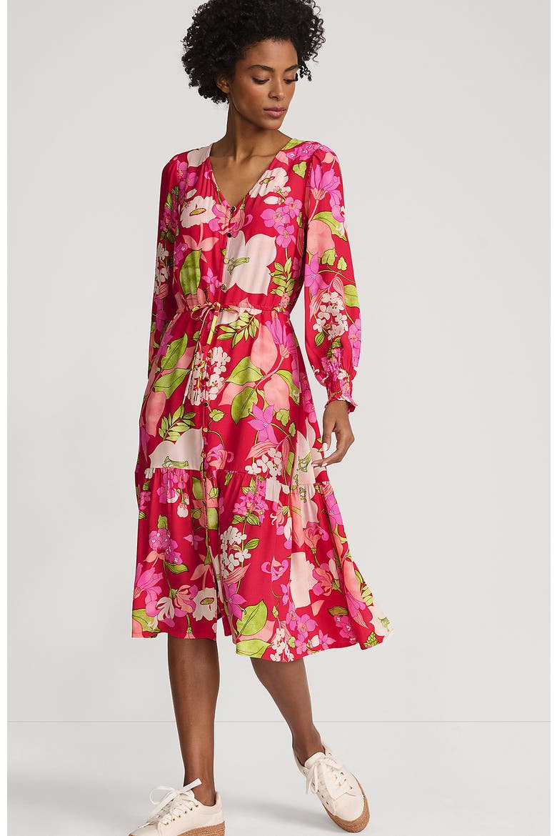 Crepe Button Front Long Sleeve Midi Dress, Main, color, Berry Rouge Lilies