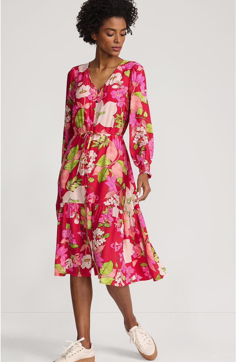 Lands' End Crepe Button Front Long Sleeve Midi Dress, Main, color, Berry Rouge Lilies