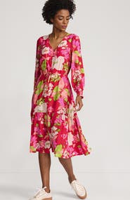 Lands' End Crepe Button Front Long Sleeve Midi Dress