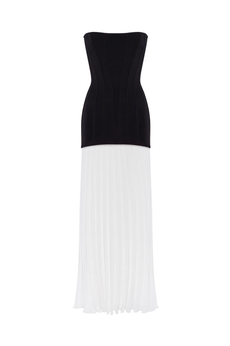 Strapless Formal Occasion Maxi Dress with Pleated Skirt in Black & White, Alternate, color, Black&White