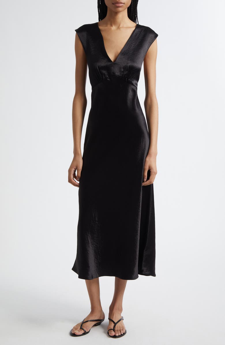 MM by Max Mara Glizia Sleeveless Empire Waist Satin Dress, Main, color, Black
