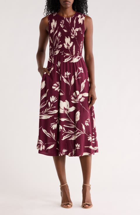 Smocked Sleeveless Fit & Flare Midi Dress